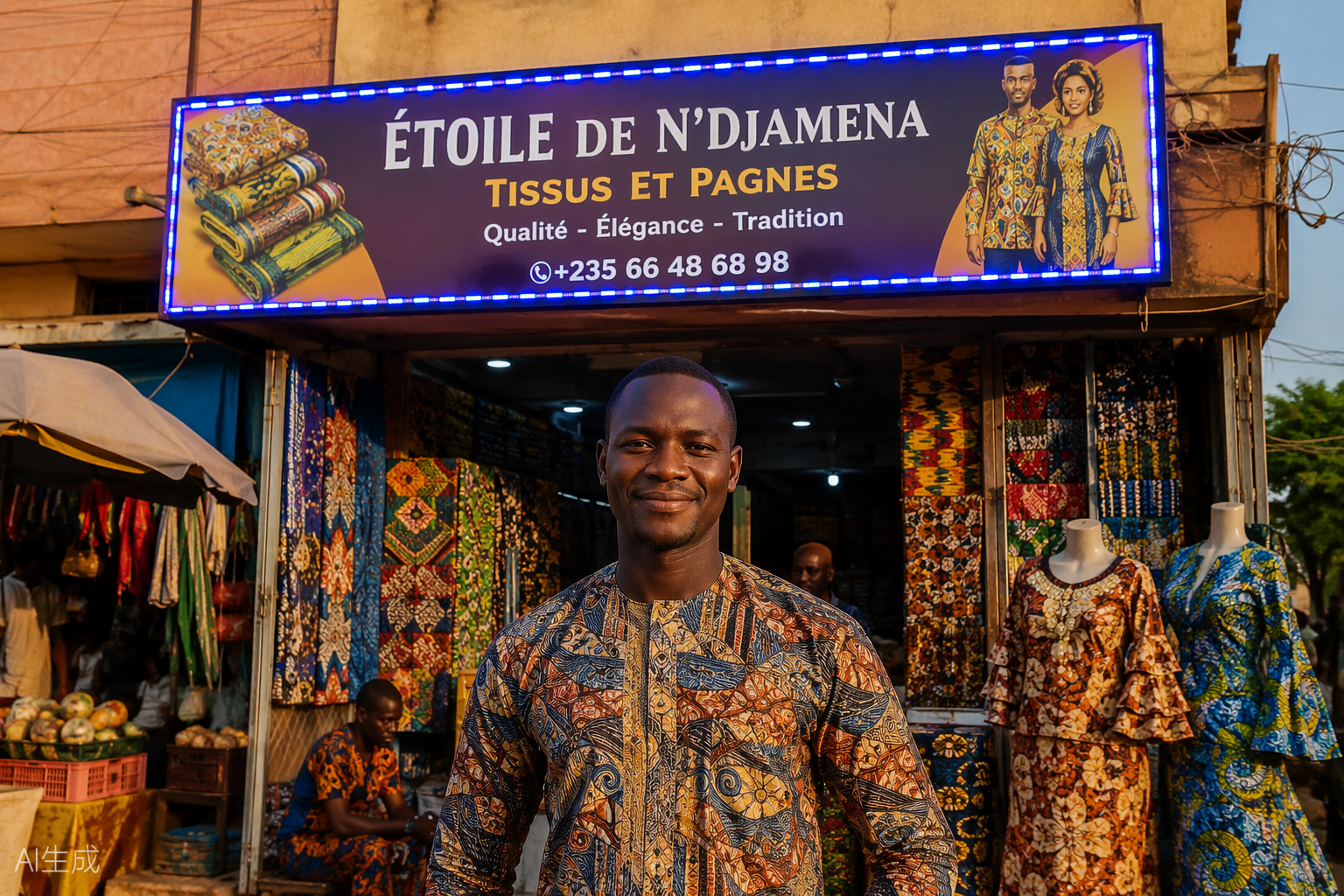 Commerçant devant sa nouvelle enseigne lumineuse